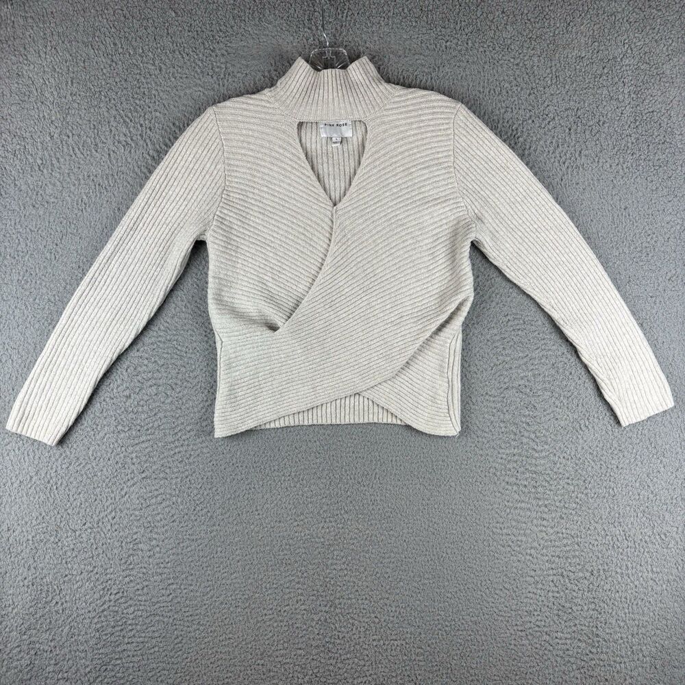 Pink Rose Sweater Women’s Large Ivory Cutout Long Sleeve Mock Neck